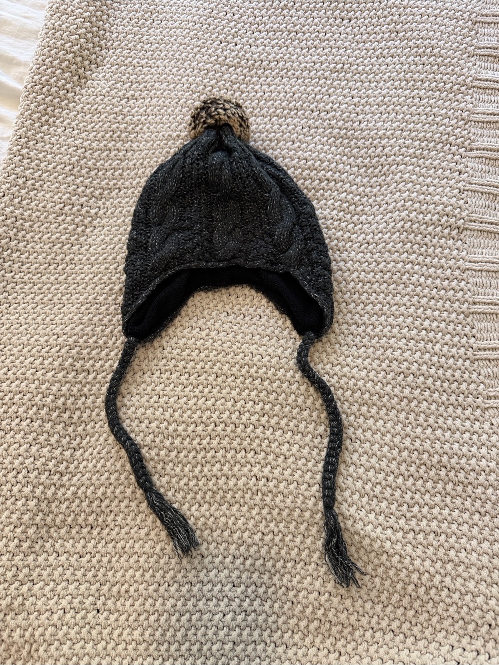 Chaco Charcoal Earflap Pom Beanie with Braided Ties